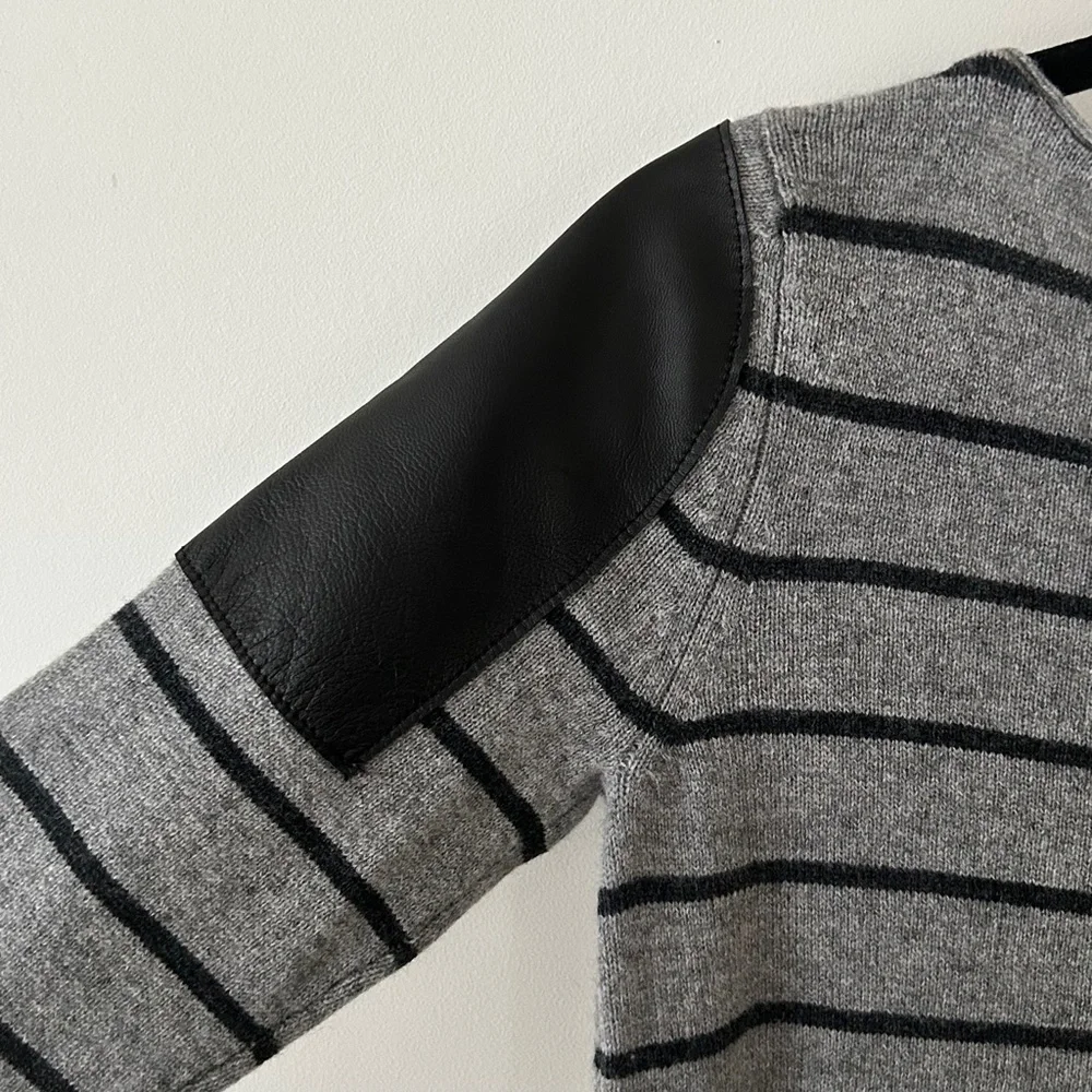 Woolly Minded Wool Cashmere Gray Striped Leather Shoulder Patch Crewneck Sweater